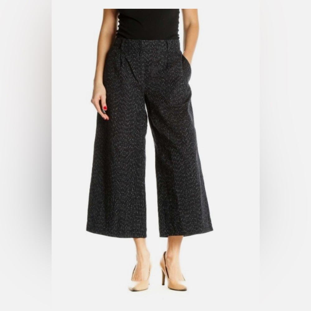 Eileen Fisher Women Navy Blue 100% Cotton Wide Leg Capri Dress Pants Causal Sz L